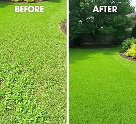 Before and after: Commercial lawn in Montréal transformed by Gazon Innova-Tek’s fertilization program – dense green grass, no patches, improved curb appeal
